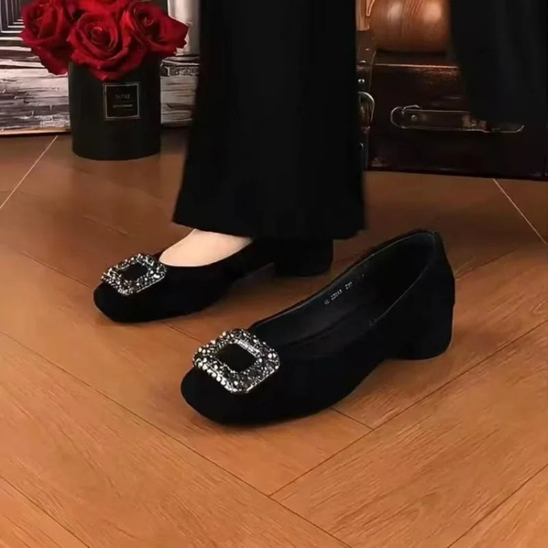 Low-heeled square-toed rhinestone casual shoes for women2026New spring and autumn black low-cut stylish chunky heel work shoes
