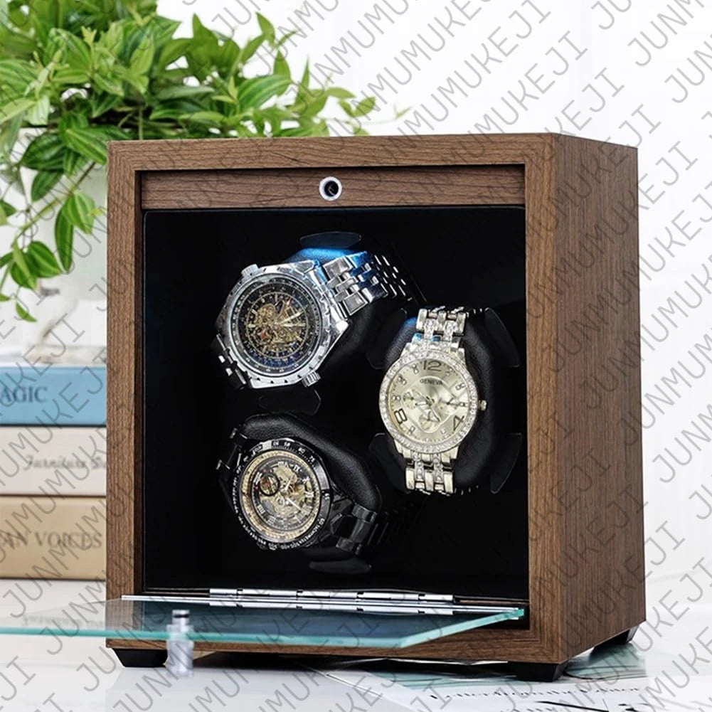 Watch Winder for Automatic Watches Box Storage Dustproof Mechanical Watch Case Black Walnut Wood Safe Mata Box LED Ambient Light