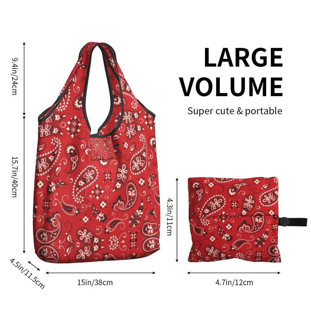 Funny Black Bandana Pattern Shopping Tote Bag Portable Paisley Style Groceries Shopper Shoulder Bag