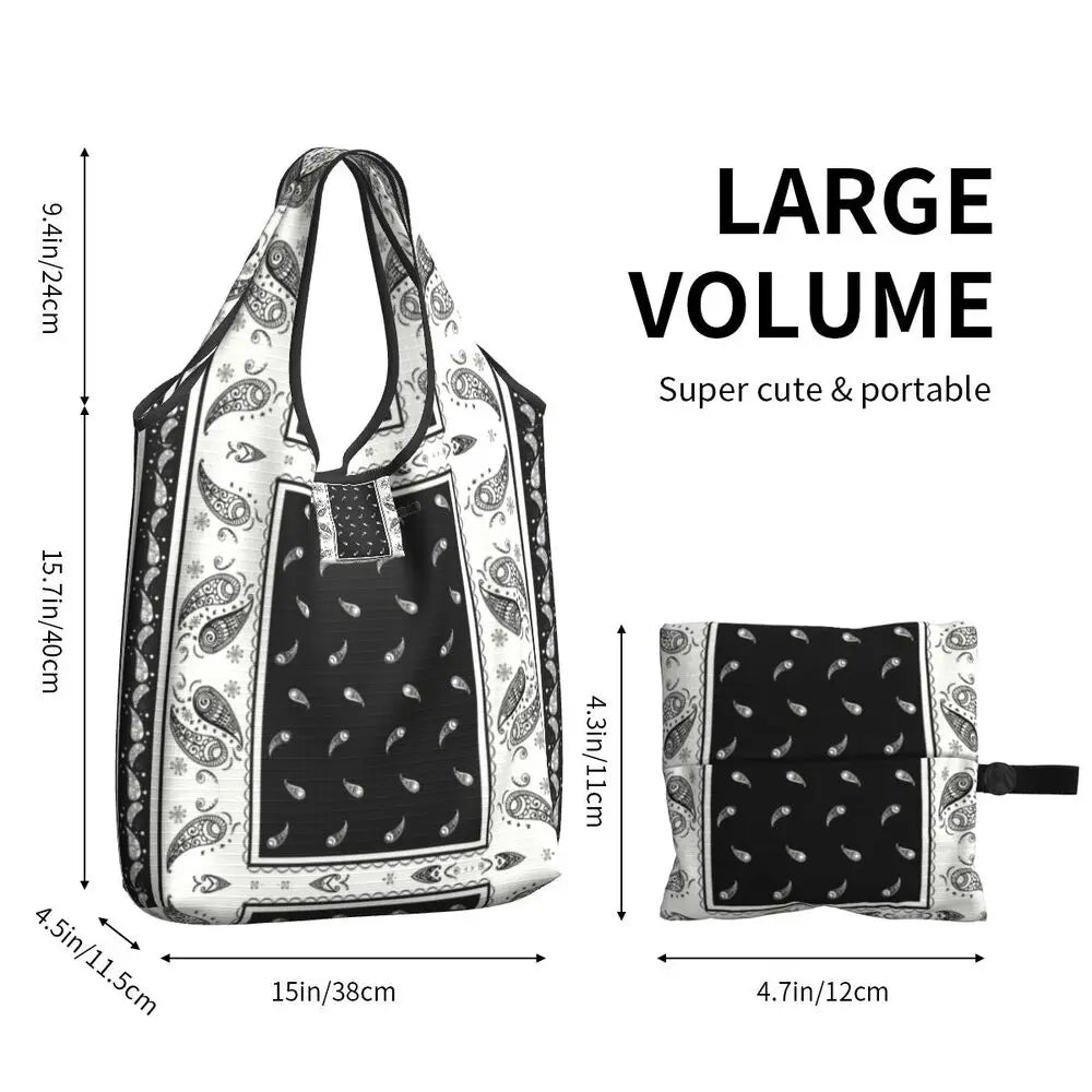 Funny Black Bandana Pattern Shopping Tote Bag Portable Paisley Style Groceries Shopper Shoulder Bag
