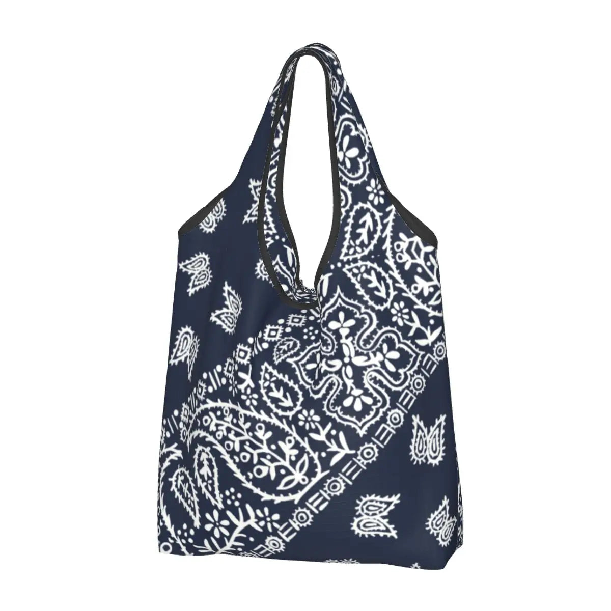 Funny Black Bandana Pattern Shopping Tote Bag Portable Paisley Style Groceries Shopper Shoulder Bag