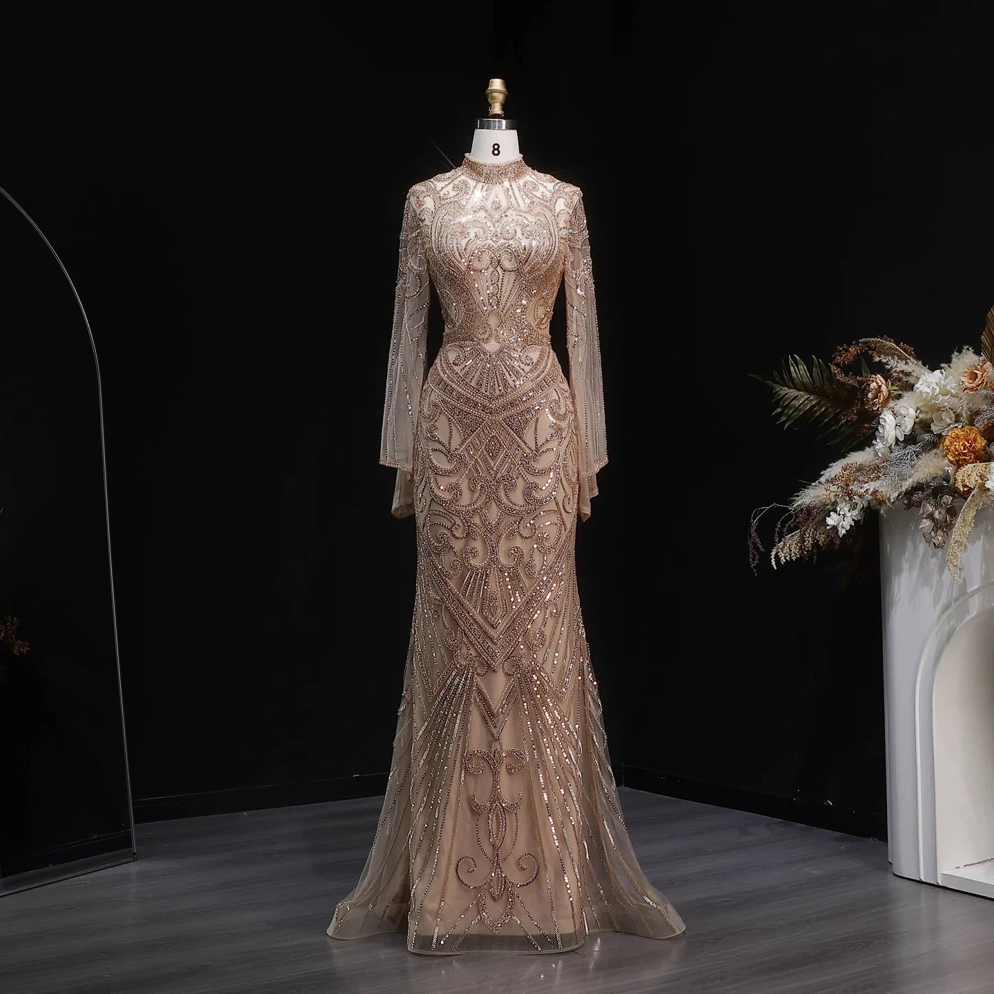 Sharon Said Dubai Black Evening Dress Geometric Beaded Pattern Long Flare Sleeve شارون سعيد Women Formal Prom Gown SS055 Custom