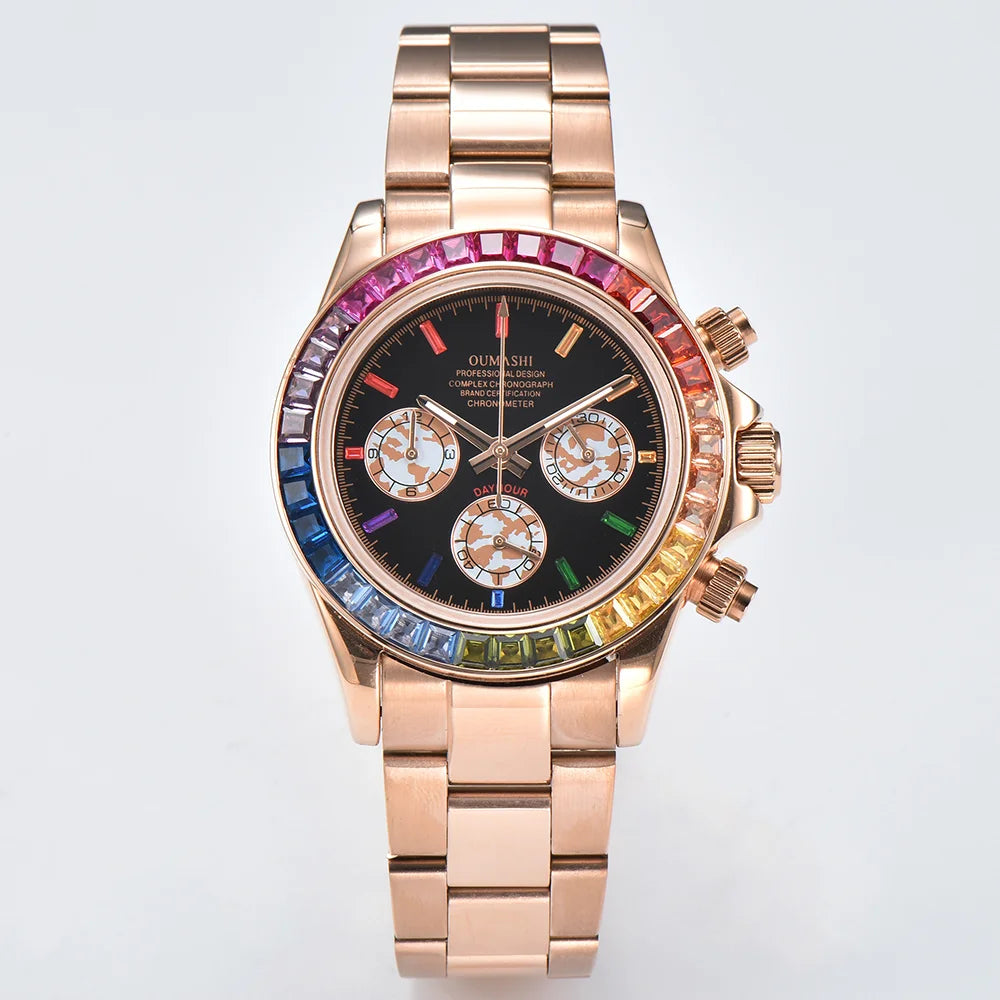 Luxury men's watch rose gold rainbow watch VK63 watch sapphire glass waterproof watch 39.3 case watch support customized logo