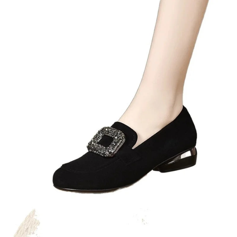 Round-toe chunky heel shoes2025New autumn style women's slip-on shoes with rhinestones, soft sole, suede, low-cut, versatile sho