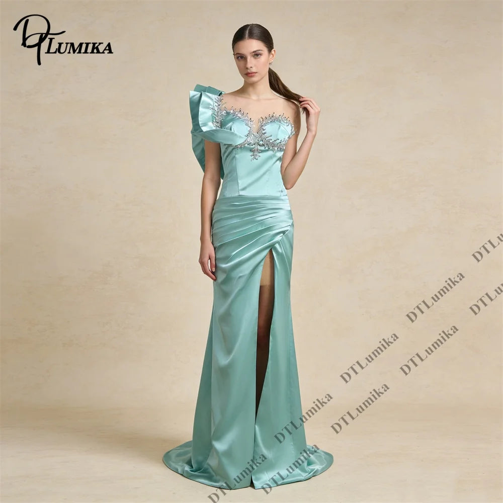 DTLumika Formal Evening Gown One Shoulder Ruffle Beaded Bodice Satin Ruched Slit Customized Prom Dress  Women Party Maxi Dress