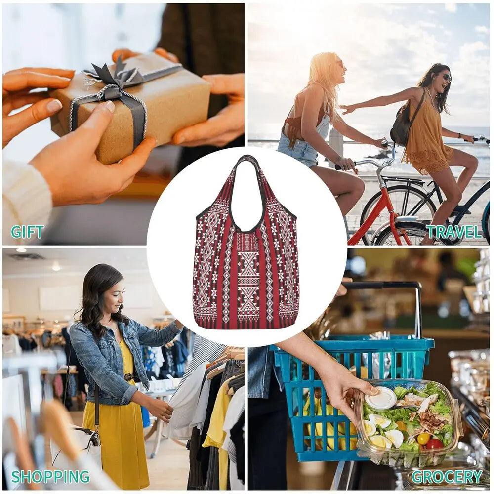 Custom Kabyle Jewelry Shopping Bags Women Portable Large Capacity Groceries Amazigh Carpet Berber Shopper Tote Bags