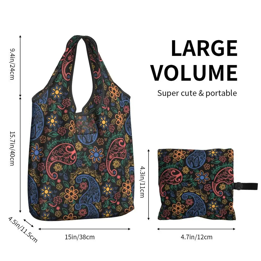 Funny Black Bandana Pattern Shopping Tote Bag Portable Paisley Style Groceries Shopper Shoulder Bag