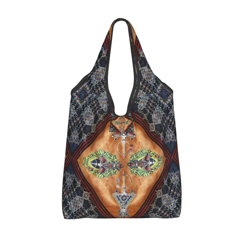 Custom Kabyle Jewelry Shopping Bags Women Portable Large Capacity Groceries Amazigh Carpet Berber Shopper Tote Bags
