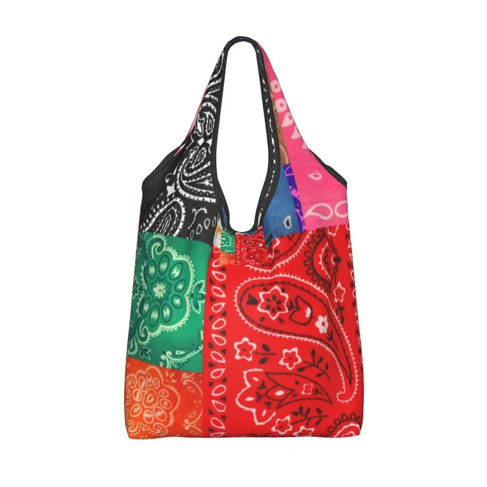 Funny Black Bandana Pattern Shopping Tote Bag Portable Paisley Style Groceries Shopper Shoulder Bag