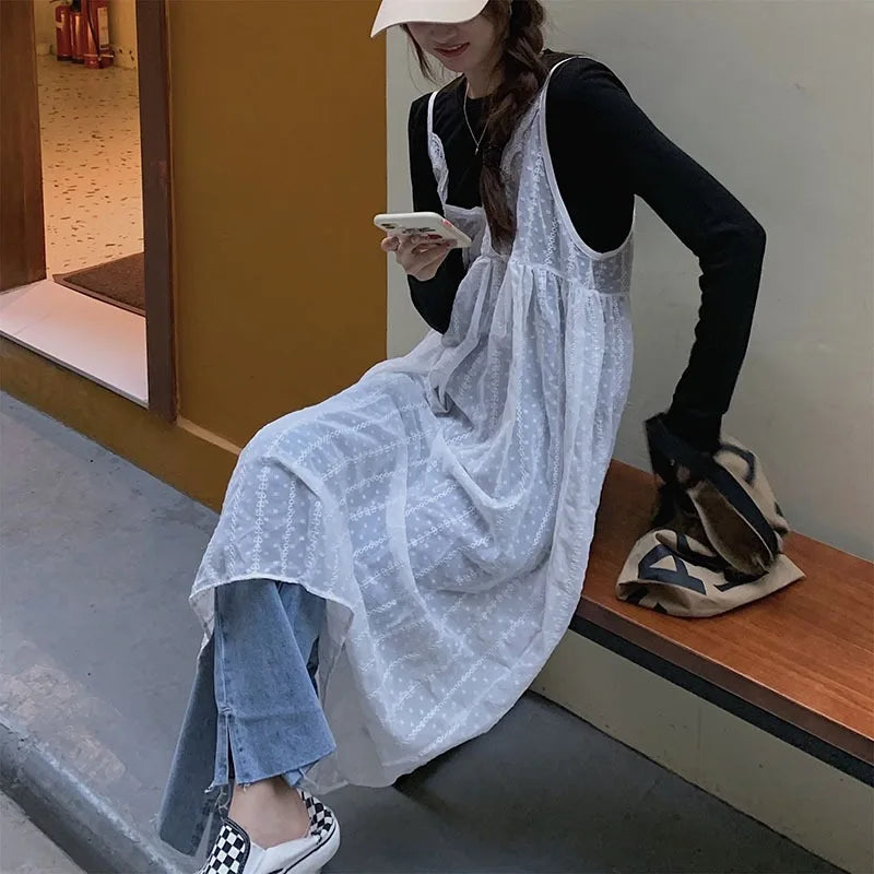 Korean Dresses Women Sundress Fashion See-though Basic Lace Patchwork A-line Designed  Vestidos Y2k Fairy Aesthetic Ins
