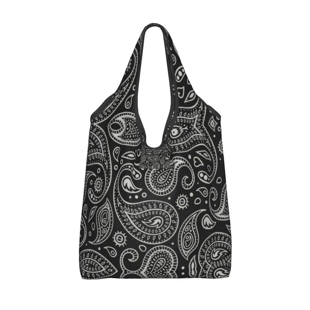 Funny Black Bandana Pattern Shopping Tote Bag Portable Paisley Style Groceries Shopper Shoulder Bag