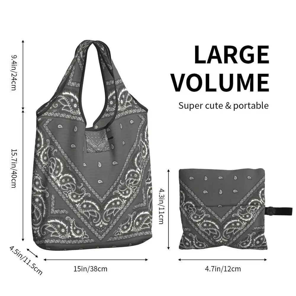 Funny Black Bandana Pattern Shopping Tote Bag Portable Paisley Style Groceries Shopper Shoulder Bag