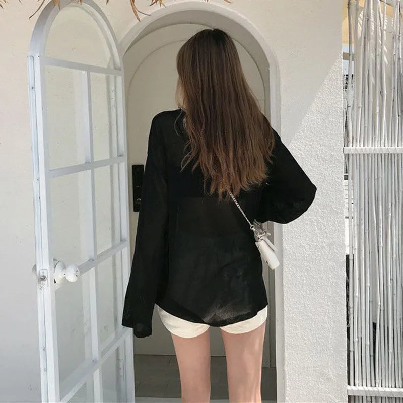 Sheer T-shirts Women Summer Sun-proof Cool Breathable Long Sleeve T Shirt Solid Loose All-match See Through Sun Protection Top