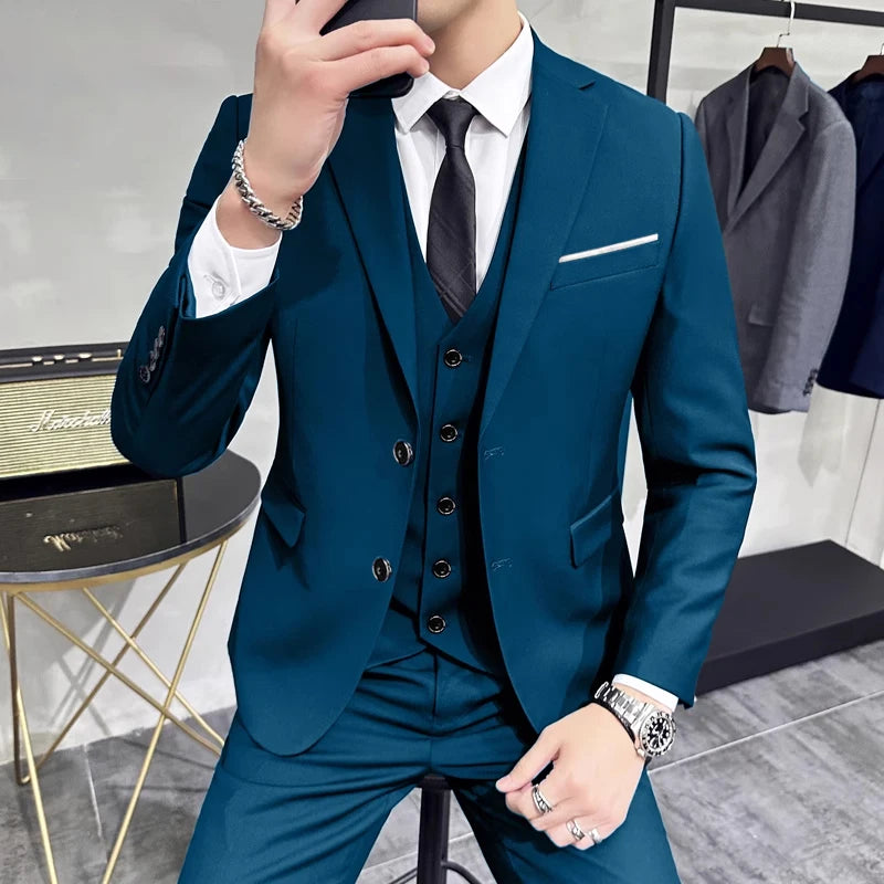 Groom's Wedding Dress ( Jacket + Vest + Pants ) High End Brand Solid Color Men's Casual Business Office Formal Suit 3Pcs Sets