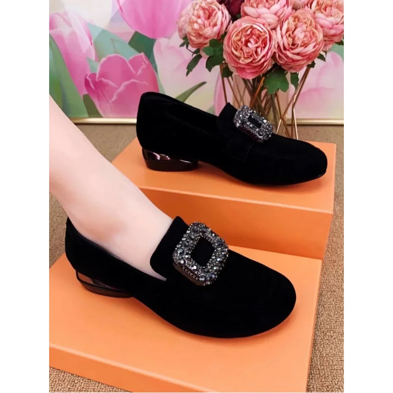 Round-toe chunky heel shoes2025New autumn style women's slip-on shoes with rhinestones, soft sole, suede, low-cut, versatile sho