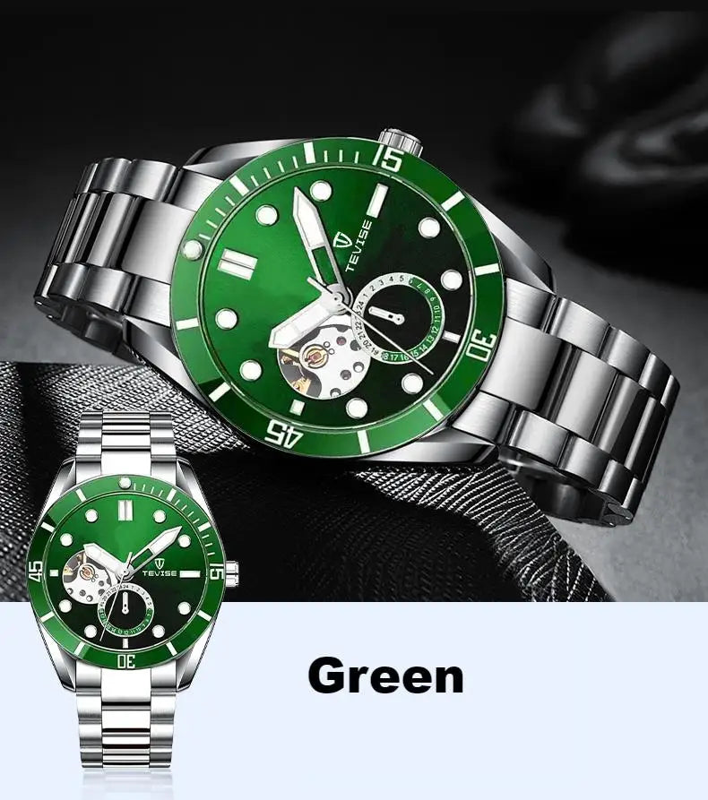 TEVISE Watch Automatic Mechanical Movement Fashion Stainless Steel Strap Skeleton Watch Luminous 24 Hour Wristwatch Waterproof