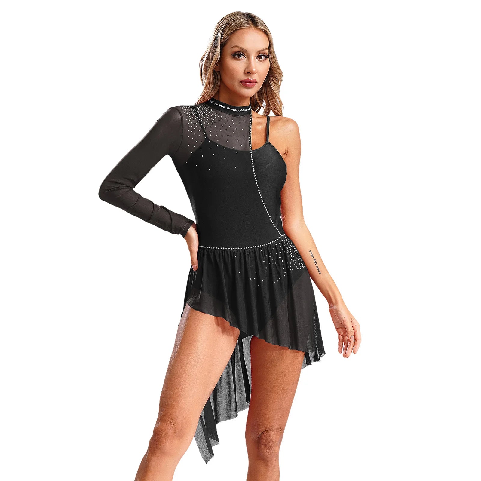 Women Latin Dress Lyrical Modern Dancing Costume Fashion One-shoulder Single Sleeve Rhinestone Press Button Design Rhythm Dress
