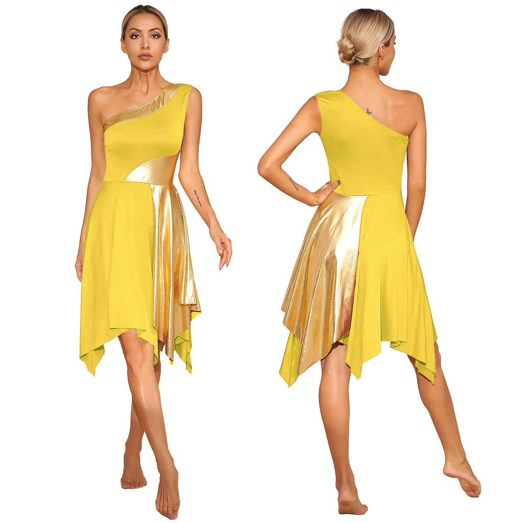 Women Modern Lyrical Dance Dress One Shoulder Irregular Hem Ballroom Waltz Dancewear for Church Choir Worship Praise Liturgical