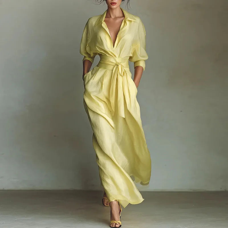 French Dresses Elegant Turn-down Collar High Waist Belted A-Line Party Dress Spring 3/4 Sleeve Pockets Bohemian Maxi Dress Mujer