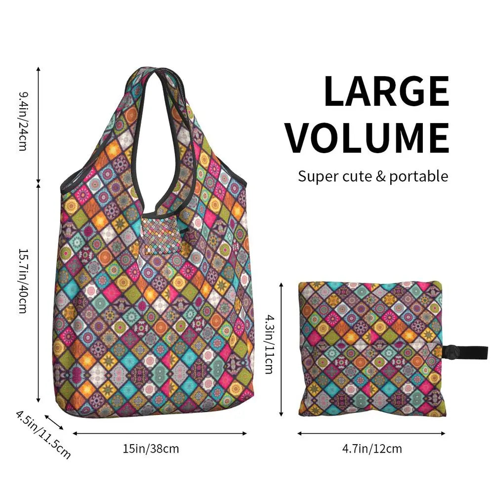 Funny Black Bandana Pattern Shopping Tote Bag Portable Paisley Style Groceries Shopper Shoulder Bag