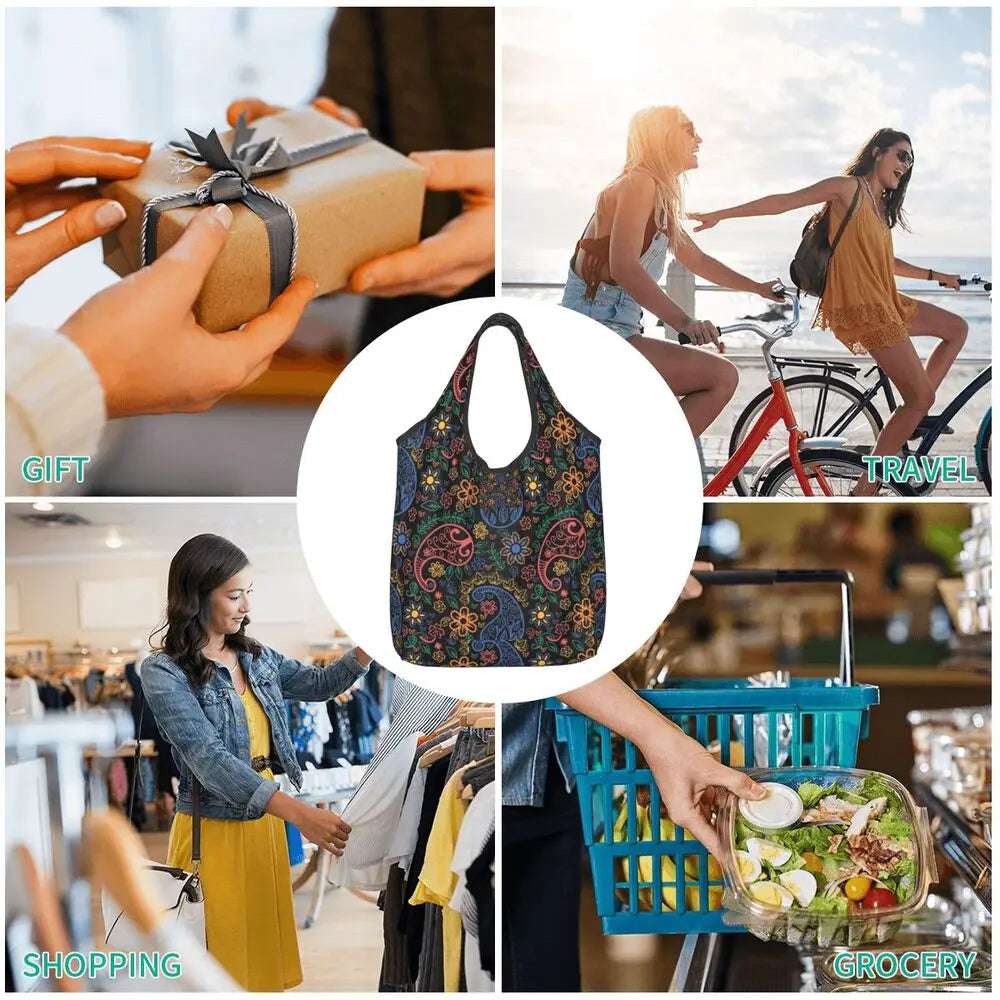 Funny Black Bandana Pattern Shopping Tote Bag Portable Paisley Style Groceries Shopper Shoulder Bag