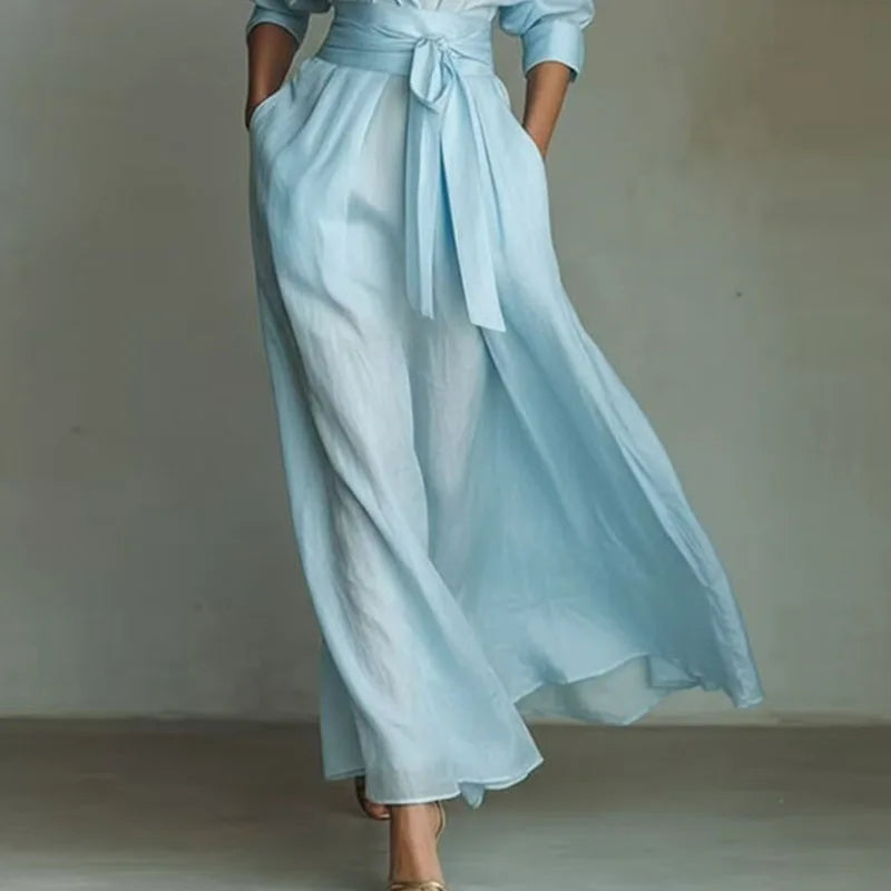 French Dresses Elegant Turn-down Collar High Waist Belted A-Line Party Dress Spring 3/4 Sleeve Pockets Bohemian Maxi Dress Mujer