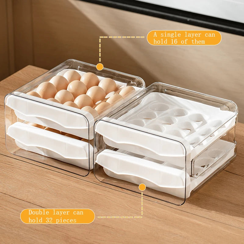 Kitchen Egg Storage Box, Refrigerator Fresh-Keeping 2-Layer Drawer Style Large Capacity Storage, Household Kitchen Storage Box