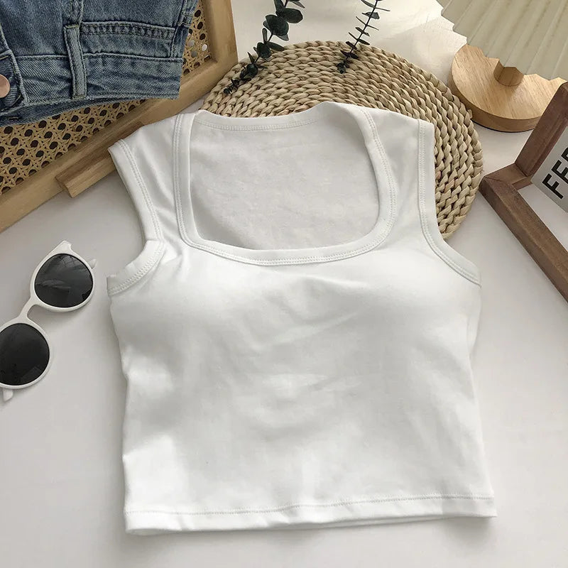 Pure Cotton Square Neck Vest for Women with Chest Pad Sling Bottoming Sexy Short Top Tank Top Women Wholesale 여성용 조끼