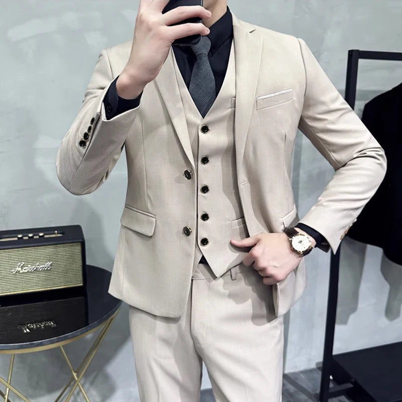 Groom's Wedding Dress ( Jacket + Vest + Pants ) High End Brand Solid Color Men's Casual Business Office Formal Suit 3Pcs Sets