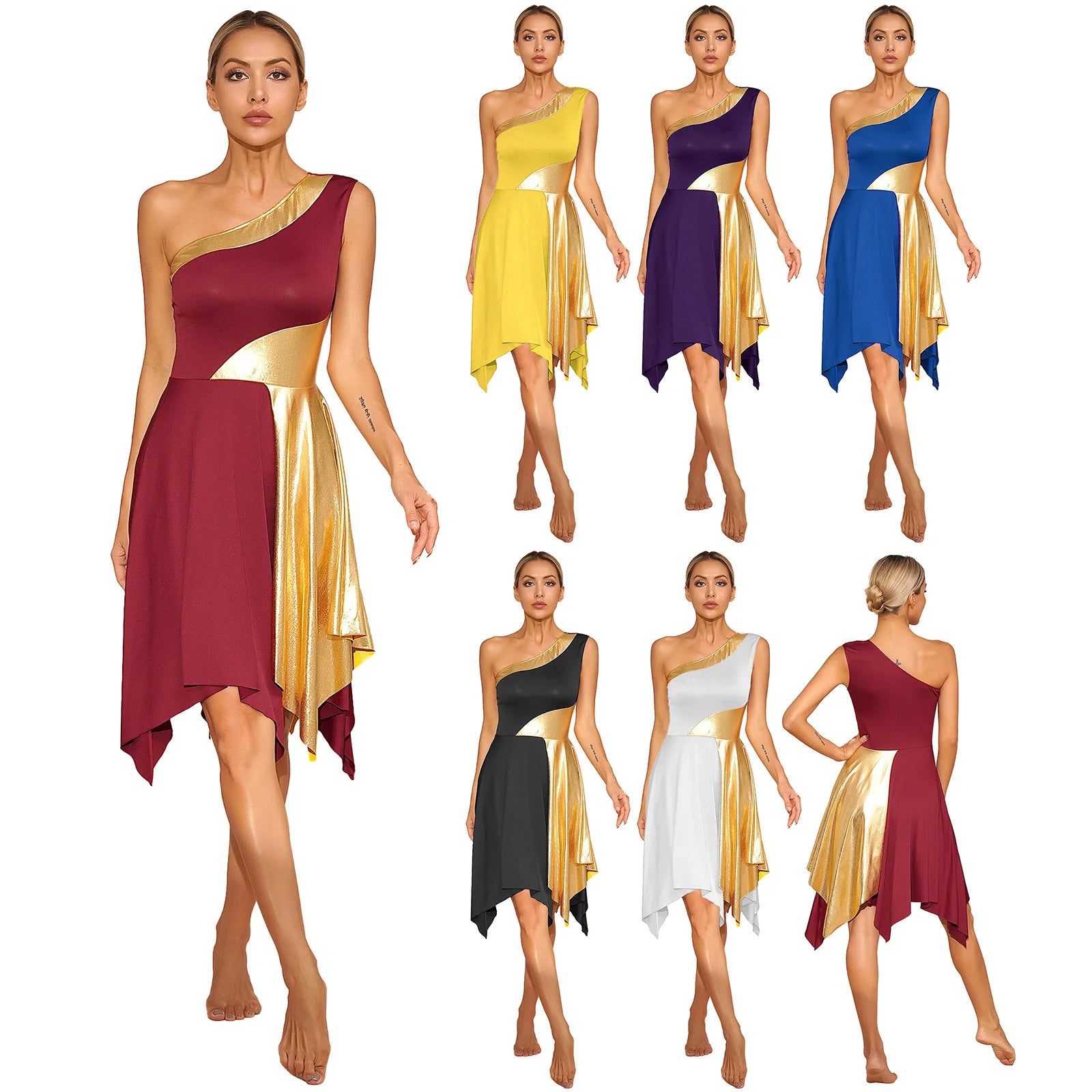 Women Modern Lyrical Dance Dress One Shoulder Irregular Hem Ballroom Waltz Dancewear for Church Choir Worship Praise Liturgical