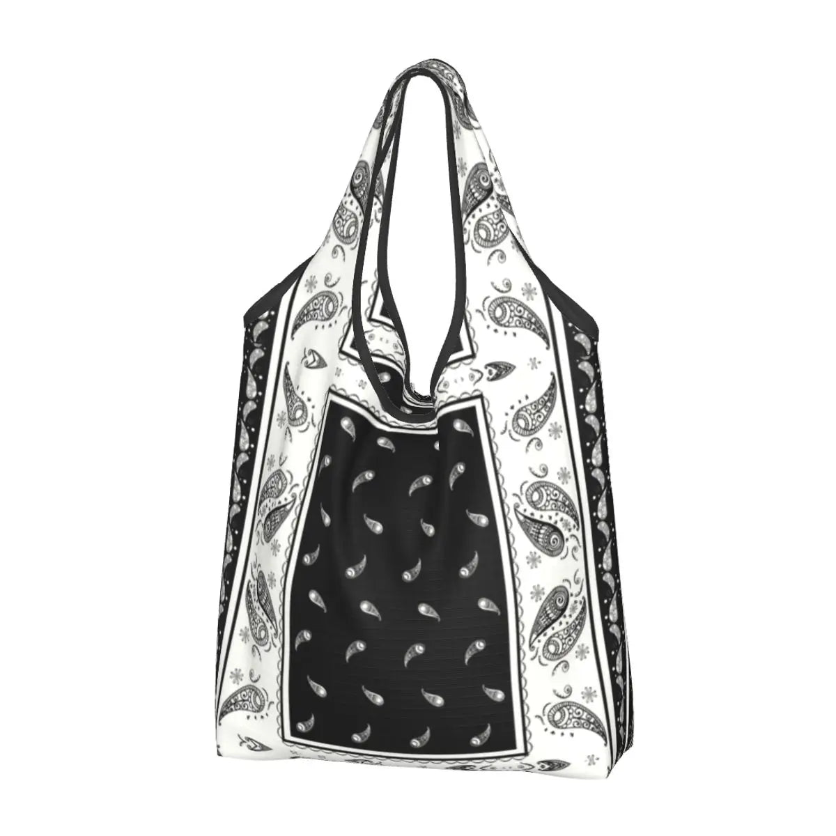 Funny Black Bandana Pattern Shopping Tote Bag Portable Paisley Style Groceries Shopper Shoulder Bag