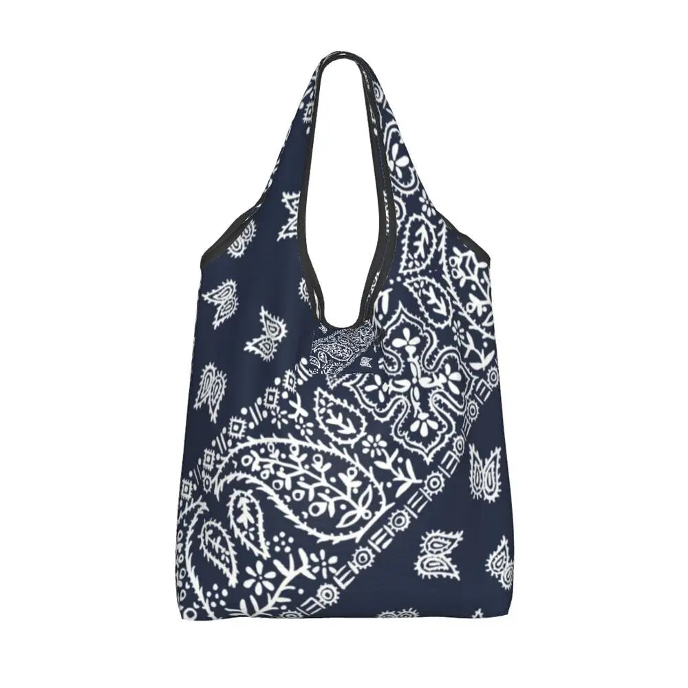 Funny Black Bandana Pattern Shopping Tote Bag Portable Paisley Style Groceries Shopper Shoulder Bag