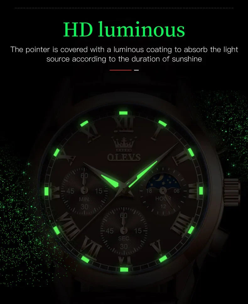 OLEVS 2871 Men Watch Quartz Watch Multifunctional Chronograph Watch Man Waterproof Luminous Moon Phase Watch