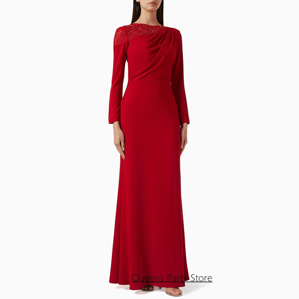 Evening Dress for Woman Customized Round Neck Full Sleeves Sequined Lace Pleat Red Prom Gown Arabian Party Dresses