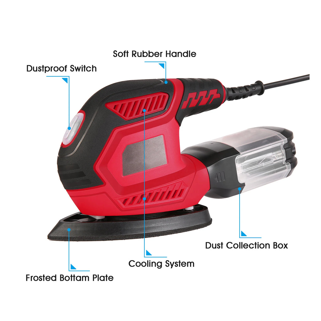Detail Sander 1.6A 200W 14000 RPM Compact Sander Efficient Dust Collection System with 2pcs Polishing Pads & 20pcs Sandpapers