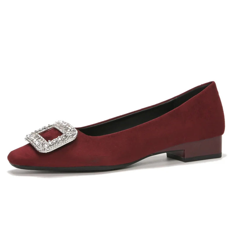 New autumn and winter women's shoes, wedding shoes with rhinestones, women's suede chunky heel shallow soft low-cut daily
