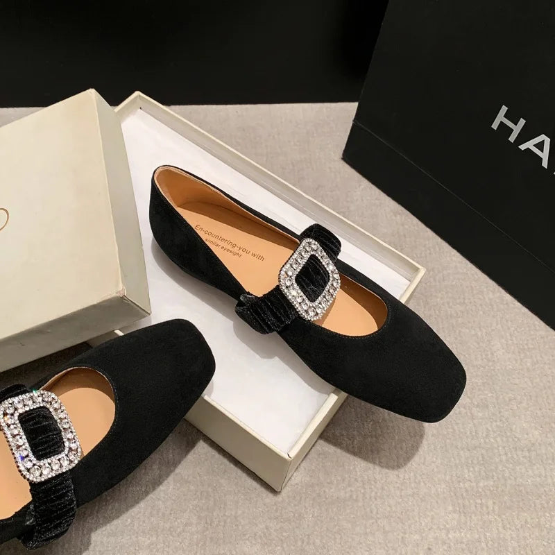 MKKHOU Fashion Women's Shoes New High Quality Suede Shoes Crystal Buckle Square Head Shallow Mouth Lightweight Flats Shoes