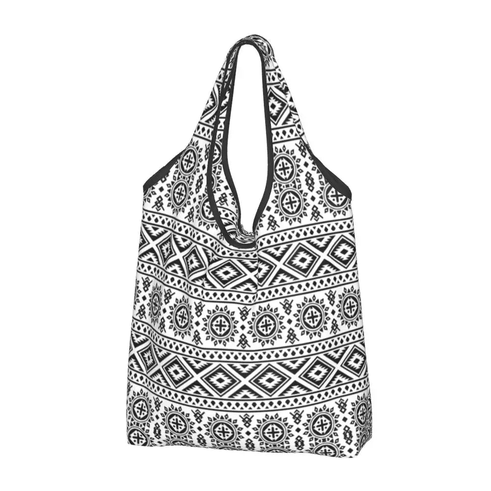 Funny Black Bandana Pattern Shopping Tote Bag Portable Paisley Style Groceries Shopper Shoulder Bag