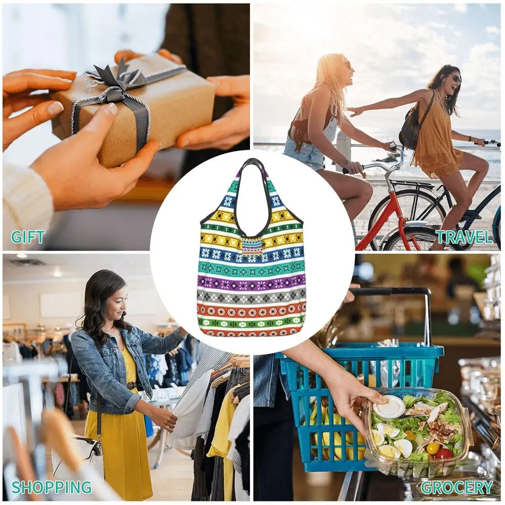 Funny Black Bandana Pattern Shopping Tote Bag Portable Paisley Style Groceries Shopper Shoulder Bag