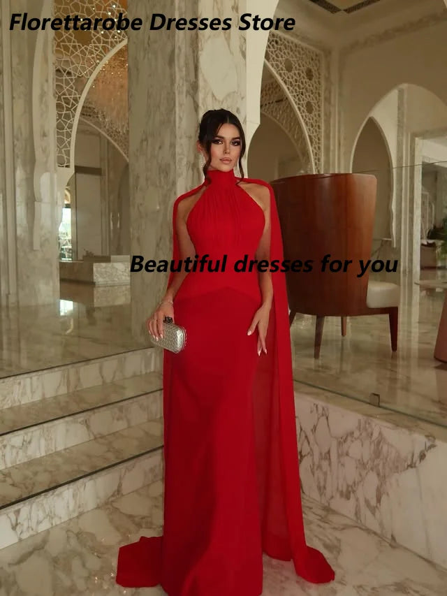 Elegant Red Evening Dress Customized Cloak High Neck A Line Floor Length Prom Gown Women Formal Party Dresses for Wedding