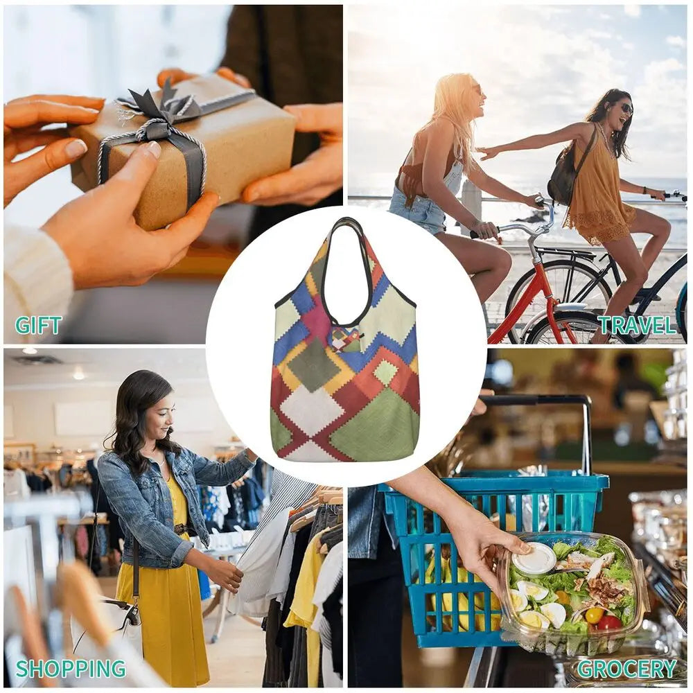 Funny Black Bandana Pattern Shopping Tote Bag Portable Paisley Style Groceries Shopper Shoulder Bag
