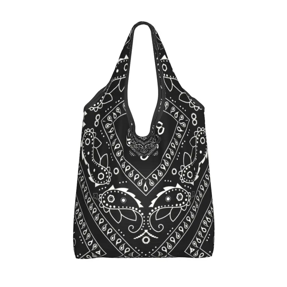 Funny Black Bandana Pattern Shopping Tote Bag Portable Paisley Style Groceries Shopper Shoulder Bag