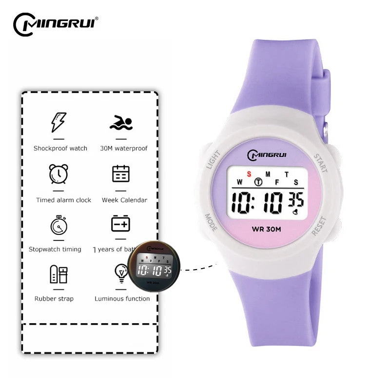 New Boys Girls Watch 30M Waterproof Digital Chidlren Watch Purple LCD Electronic Kids Sport Watches Alarm Clocks Gifts