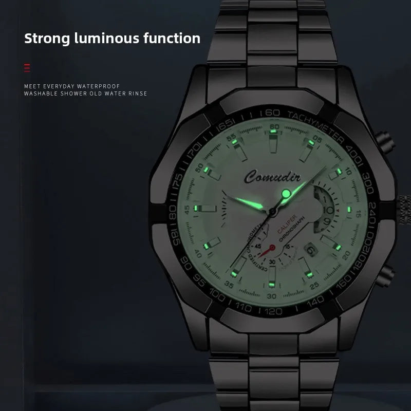Quartz Watch Movement Watch Men's Non Noctilucent Watch Hollow Calendar Waterproof Luminous Refined Steel Band Simple