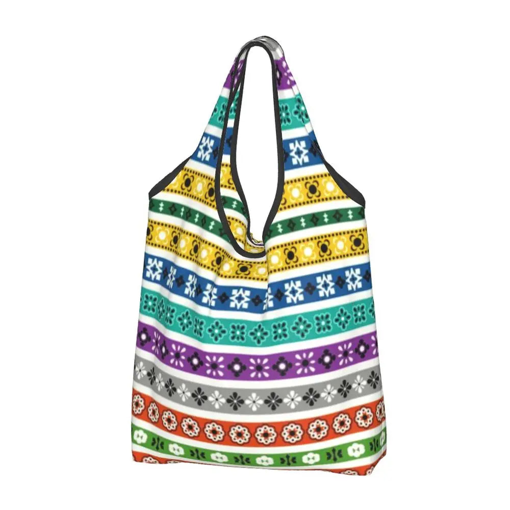 Funny Black Bandana Pattern Shopping Tote Bag Portable Paisley Style Groceries Shopper Shoulder Bag