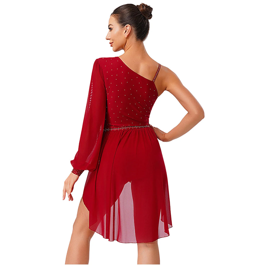 Women Latin Dress Lyrical Modern Dancing Costume Fashion One-shoulder Single Sleeve Rhinestone Press Button Design Rhythm Dress