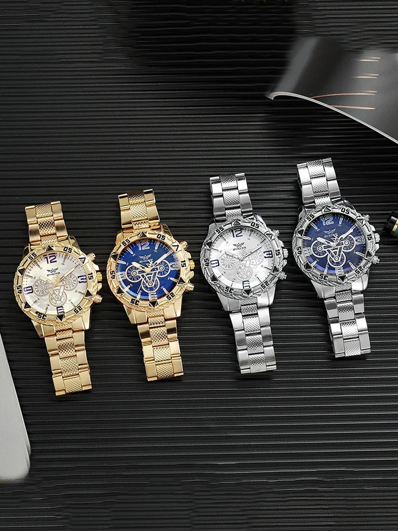 Large dial gold watch, blue light men's watch, men's watch, steel strap quartz watch
