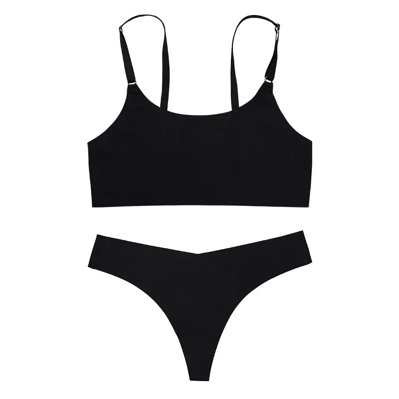 Bra Underwear Set for Women Wireless Spaghetti-Strap Vest Big Chest Small Push up Breathable Sexy Seamless Bra Set