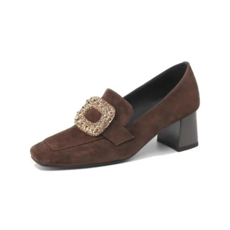 Autumn Winter New Women Loafers Low Heels Boat Shoes Square Toe Dress Shoes Chain Faux Suede Plush Warm Ladies Shoes Plus Size