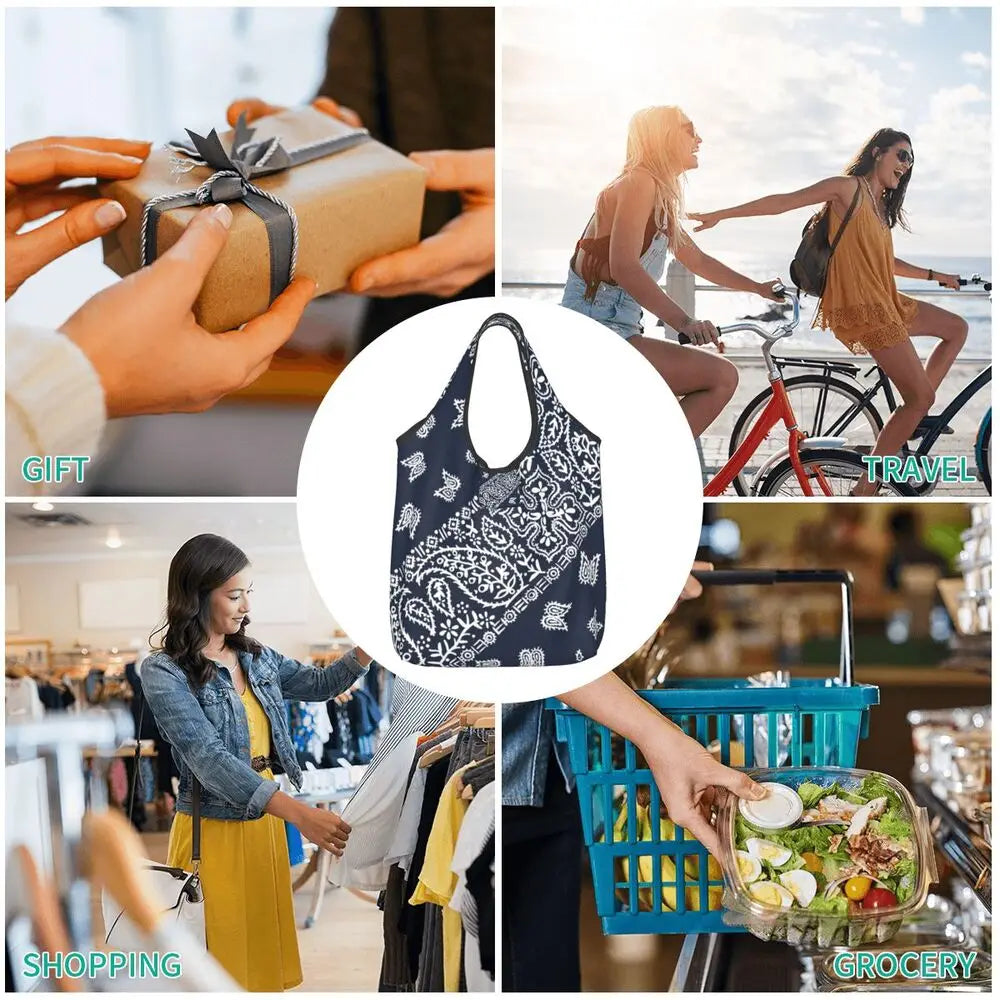 Funny Black Bandana Pattern Shopping Tote Bag Portable Paisley Style Groceries Shopper Shoulder Bag